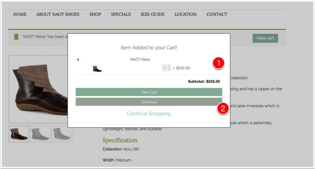 Image of confirm your choice for how to purchase Shoes at Naot of Canberra