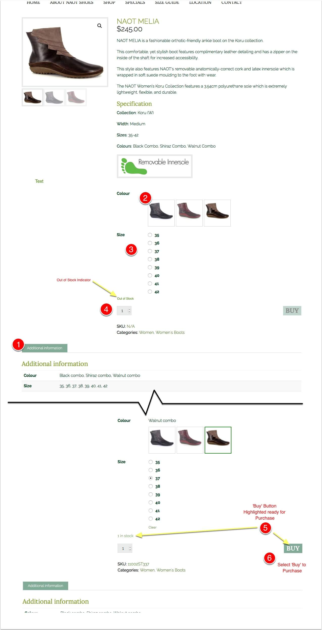 Image of select the boot style, colour and size for how to purchase Shoes at Naot of Canberra